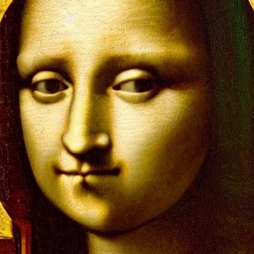 Prompt: scary scene when monalisa crawls out of her painting frame