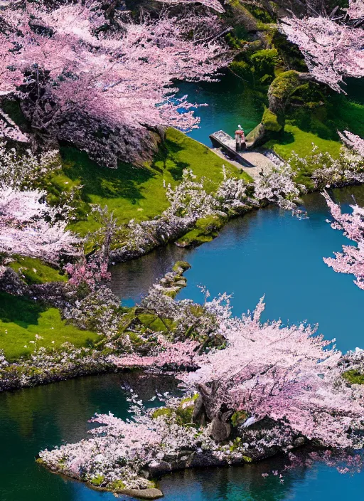 Image similar to The Emerald Herald beside a lake with sparkling water and cherry blossom trees, hidari, color page, tankoban, 4K, tone mapping, Akihiko Yoshida