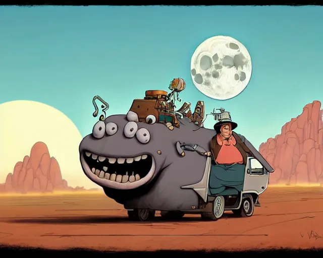 Image similar to a cell shaded cartoon giant grey lovecraftian mechanized fred flintstone from howl's moving castle ( 2 0 0 4 ), with a big head, on a desert road, wide shot, in front of a big moon, muted colors, post grunge, josan gonzales, wlop, by james jean, victor ngai, hq, deviantart, art by artgem