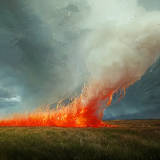 Image similar to a tornado made of fire on a field, au naturel, hyper detailed, digital art, trending in artstation, cinematic lighting, studio quality, smooth render, unreal engine 5 rendered, octane rendered, art style by klimt and nixeu and ian sprigger and wlop and krenz cushart