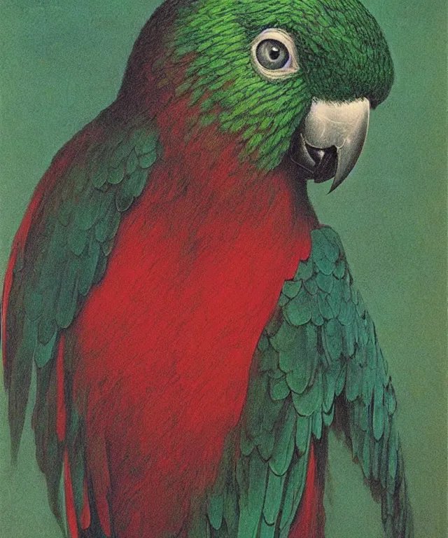 Image similar to beautiful emerald green parrot with red aura and eyes, by zdzisław beksinski, by gustave dore