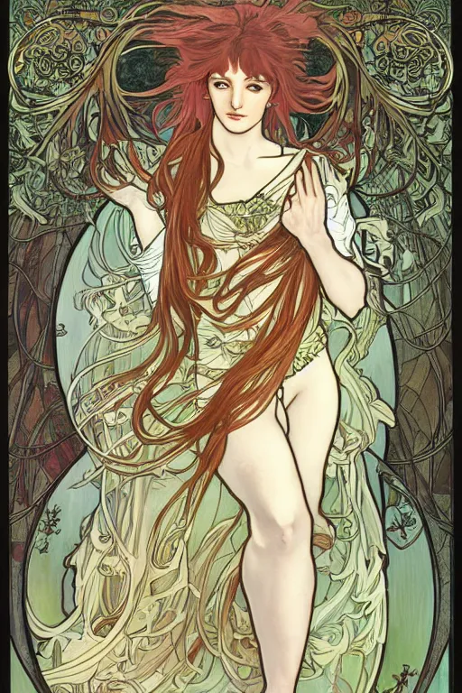 Image similar to Female angelic Fae in the style of Ayami Kojima and Alphonse Mucha