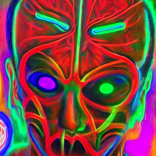 Image similar to hide the pain harold, salvia droid painting, alex gray, dmt, neon lights, uv paint