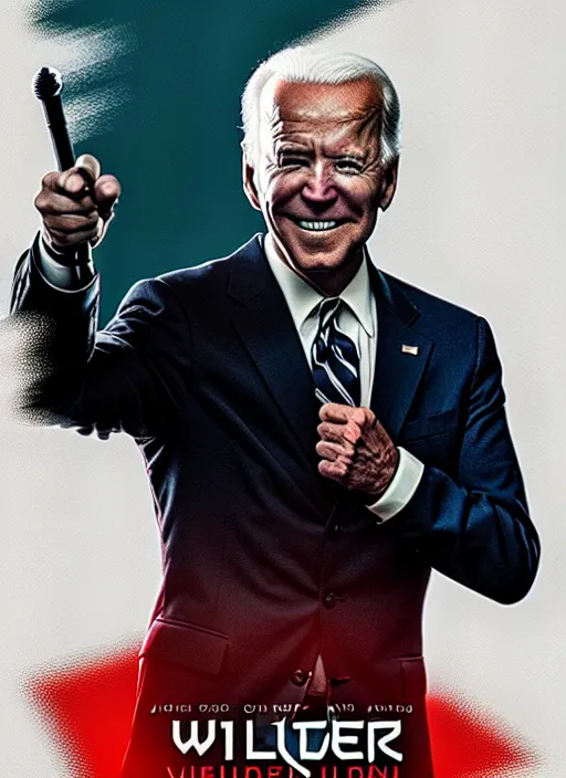 Prompt: Joe Biden playing the Witcher, movie poster by James Gilleard