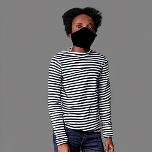 Prompt: professional pencil sketch of a full-body view of a young adult man with short hair wearing a black face mask, a striped long-sleeved shirt, and ripped skinny jeans, high quality, HD, 8K, highly detailed, award-winning