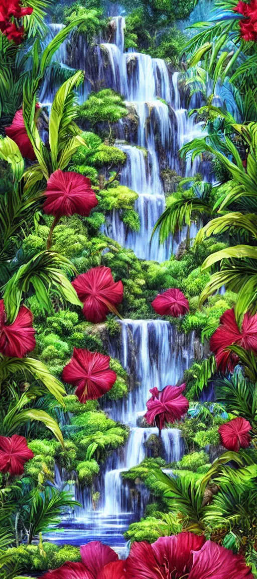 Prompt: cascading concept art of an exotic garden with waterfall and flowers and palm trees, hibiscus, detailed, highly detailed, aesthetic, realistic, hyper realism, colorful, in depth, intricate,