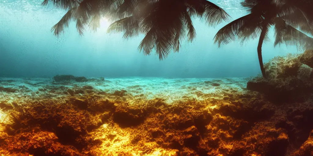 Image similar to underwater beach with palmtrees seaweed air bubbles, golden hour, caustics, shallow depth of field, moody lighting, 8 k, concept art,