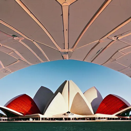 Image similar to futuristic lotus temple space station with gold, red and white marble panels, by zaha hadid and buckminster fuller and syd mead, intricate contemporary architecture, photo journalism, photography, cinematic, national geographic photoshoot