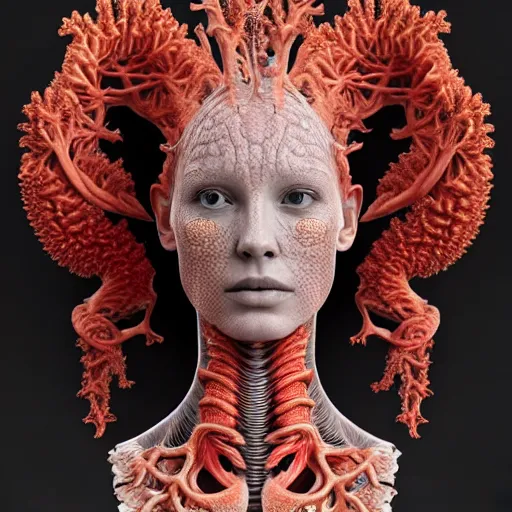 Image similar to high quality photo of a young beautiful female queen-coral-dragon-cyborg bust with a very long neck and Mandelbrot fractal face, Mandelbrot fractal skin, flesh, anatomical, facial muscles, veins, arteries, elegant, highly detailed, flesh highly baroque ornate, hair are wired cables, elegant, high fashion, rim light, octane render, in the style of Lindsay Adler, Realistic, Refined, Digital Art, Highly Detailed, Cinematic Lighting, rim light, black and white, photo-realistic, 8K