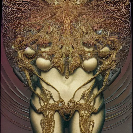 Prompt: portrait of a cyber creature from a parallel universe by alexander mcqueen, zdzisław beksinski and alphonse mucha. highly detailed, hyper - real, very beautiful, intricate fractal details, very complex, opulent, epic, mysterious, trending on deviantart and artstation