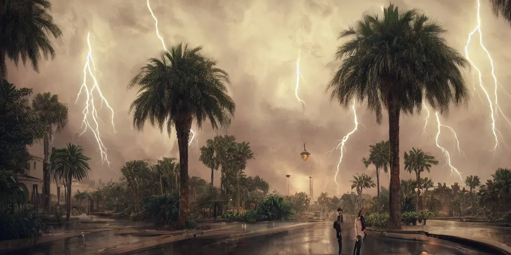 Prompt: thunderstorm in marrakech, palm trees, lightning, tsunami, flying vehicles, moroccan mosque, wlop, james jean, tom bagshaw, rococo, trending on artstation, fantasy, intricate, elegant, highly detailed, digital painting, concept art, smooth, illustration, cinematic lighting, hyper realism, octane render, 8 k, hyper detailed.