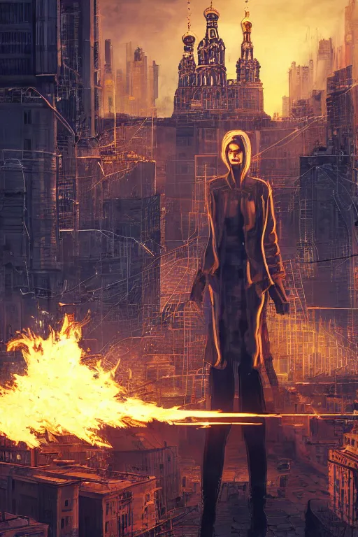 Prompt: in the foreground Saint Petersburg in cyberpunk, in the background a magnificent young blonde woman from behind playing with flames coming out of her hands wearing a long matrix-style jacket, realistic, high definition, many details, dramatic scene, symmetrical face, eyes realistic, art of enki bilal