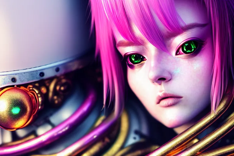 Image similar to hyperdetailed close portrait of a stunningly beautiful pink cyberpunk cute european girl made of metals and shiny iridescent gems, dark rainbow nimbus, gold necklace, puffer jacket, inspired by ross tran and masamune shirow and kuvshinov, intricate, photorealistic, octane render, rtx, hdr, unreal engine, dnd digital art by artgerm