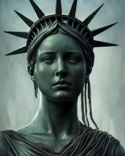 Image similar to portrait beautiful real woman as the statue of libertyhyper realistic face, beautiful eyes, fantasy art, in the style of greg rutkowski, intricate, hyper detailed, smooth