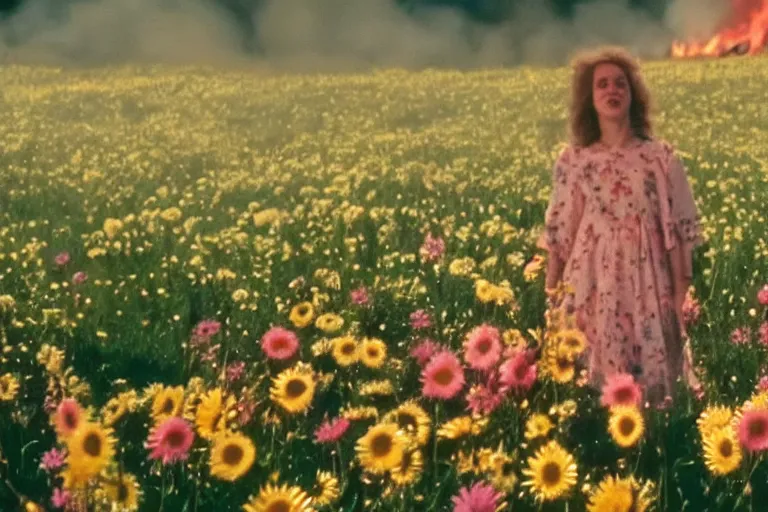 Image similar to vhs 1 9 8 0 s cinema footage of a woman surrounded by giant beautiful flowers smiling at a fire, scene from the movie midsommar, directed by ari aster, vintage film grain