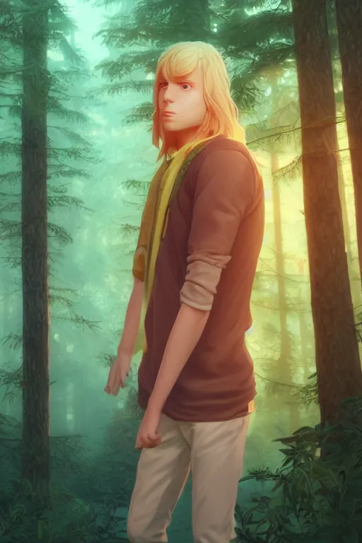 Prompt: pretty young man with long golden blond hair, demure, slender, trees, detailed forest background, webtoon, breathtaking scenery, colourful, 8 k, graphic novel, digital art trending on artstation, volumetric lighting, octane render, cinematic, hyper detailed, magical atmosphere