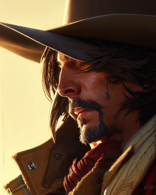 Prompt: mccree from overwatch, character portrait, portrait, close up, concept art, intricate details, highly detailed by greg rutkowski, michael whelan and gustave dore