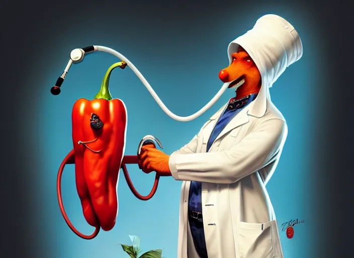 Image similar to a anthropomorphic pepper wearing a white lab coat and stethoscope, diffuse lighting, fantasy, intricate, elegant, highly detailed, lifelike, photorealistic, digital painting, artstation, illustration, concept art, smooth, sharp focus, art by frank frazetta and marco bucci and loish and rossdraws and artgerm and alphonse mucha