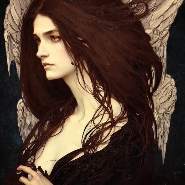 Image similar to A portrait of A beautiful! angel in black flames!! by Ross Tran!!! and alphonse mucha and greg rutkowski! and gustav doré!,In style of digital art illustration.Symmetry.Highly detailed face.Fantasy,smooth,hyper detailed,sharp focus,Soft light.trending on artstation.4k