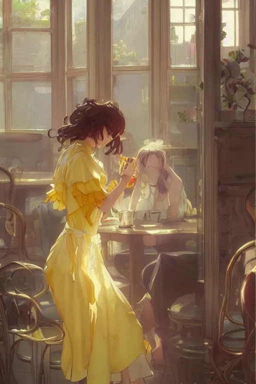 Image similar to A girl in a maid's outfit in a cafe a afternoon, wavy hair yellow theme,S line,45 angel by krenz cushart and mucha and arknights and greg rutkowski