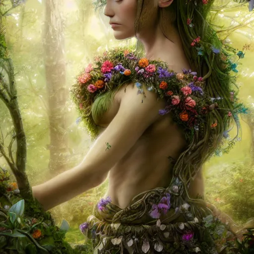 Prompt: a picture of a forest elf clothed in flowers and leaves standing on a stone in an enchanted forest, high fantasy, elegant, epic, detailed, intricate, digital painting, concept art, realistic detailed face, smooth, focus, rim light, detailed 8 5 mm f / 1. 4, anamorphic lens