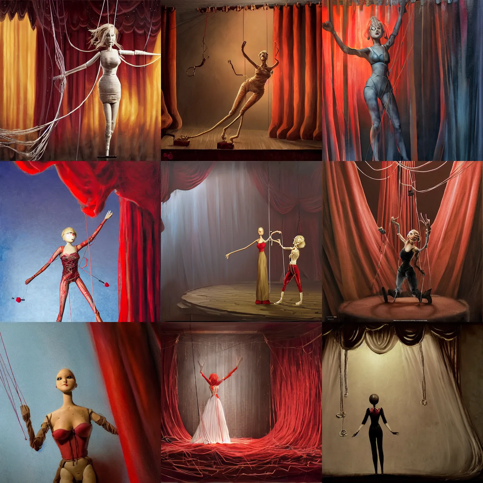 Prompt: epic scene of a marionette (Jennifer Lawrence) on strings behind red curtains, manipulation, string puppet, pulling strings, puppet on a string, hand controlling, control, puppet, concept art by Noah Bradley, Darek Zabrocki, Tyler edlin, Jordan Grimmer, Neil Blevins, James Paick, Natasha Tan, highly detailed, ultra detailed, ultra realistic, trending on artstation, masterpiece