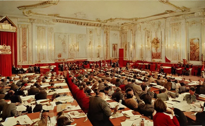 Image similar to 60s movie still of a CCCP congress in a stalinist style palace, by Irving Penn , cinestill 800t 35mm eastmancolor, heavy grainy picture, very detailed, high quality, 4k, HD criterion, precise texture