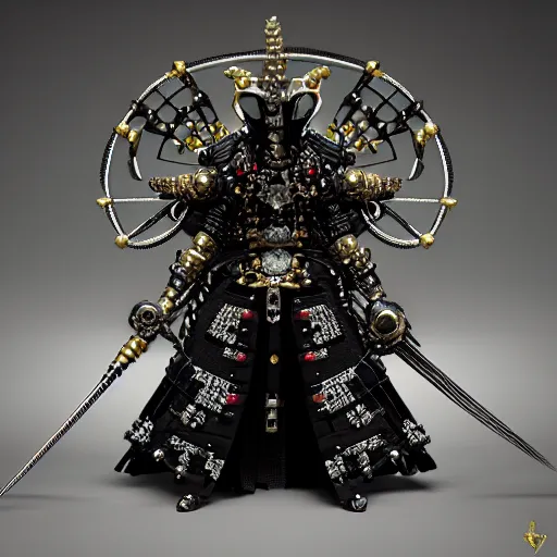 Prompt: cyber black samurai made of beads : by michal karcz, daniel merriam, victo ngai and guillermo del toro : ornate, dynamic, particulate, intricate, elegant, highly detailed, centered, artstation, smooth, sharp focus, octane render