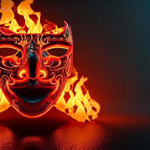 Image similar to an elaborate intricate mask made of flames water, rendered in octane, behance hd, bokeh backdrop