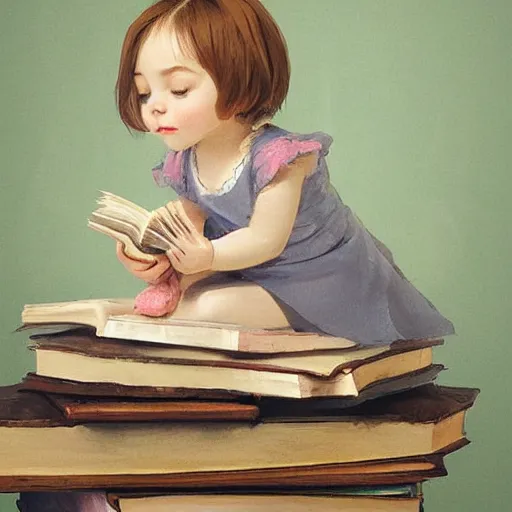 Image similar to a cute little girl with a round cherubic face, blue eyes, and short wavy light brown hair sitting on top of a stack of books. beautiful cartoon painting with highly detailed face by quentin blake and greg rutkowski