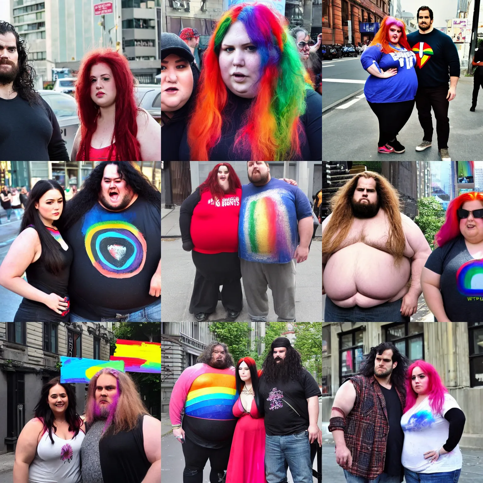 Prompt: obese henry cavill with rainbow painted long hairs, standing next to very obese angry feminist, real photograph on the street, close up medium double shot