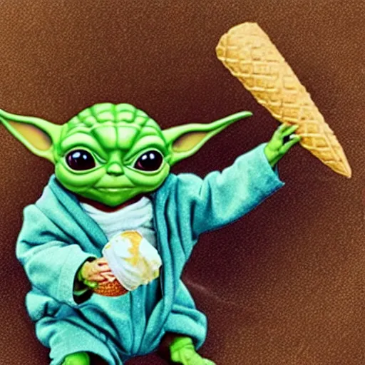 Image similar to baby yoda riding a horse and eating an ice cream