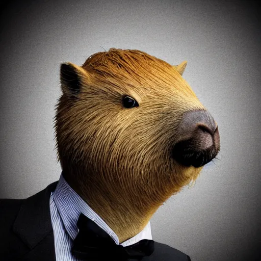 Image similar to capybara head, a man wearing a suit capybara head (smoking cigar)