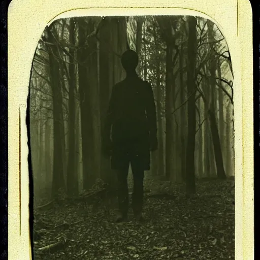 Image similar to slender dark ominous figure standing in the woods, dark, creepy, 1910 Polaroid photograph