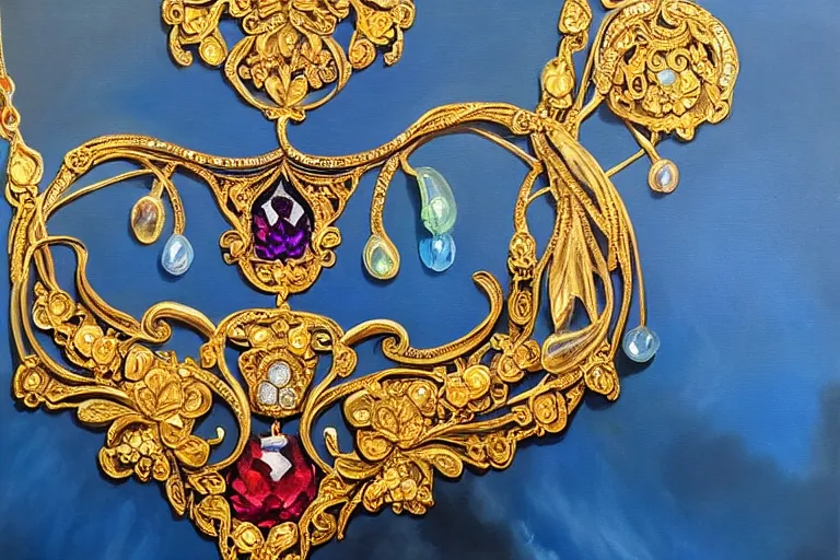 Image similar to highly detailed oil painting, front view, very realistic gemstones, art nouveau, ornate, delicate, brilliant precious gemstones necklace, necklace on display, dramatic light,