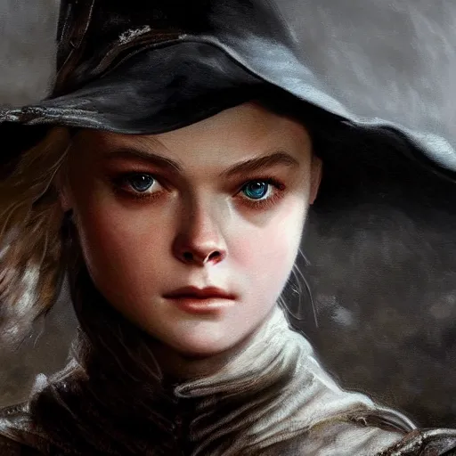 Image similar to ultra realistic portrait painting of elle fanning in bloodborne, art by frank frazetta, 4 k, ultra realistic, highly detailed, epic lighting