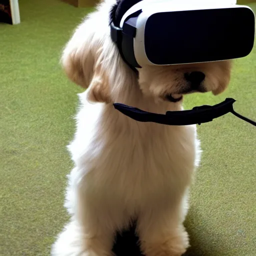 Image similar to a dog wearing a vr headset, high - res, detailed