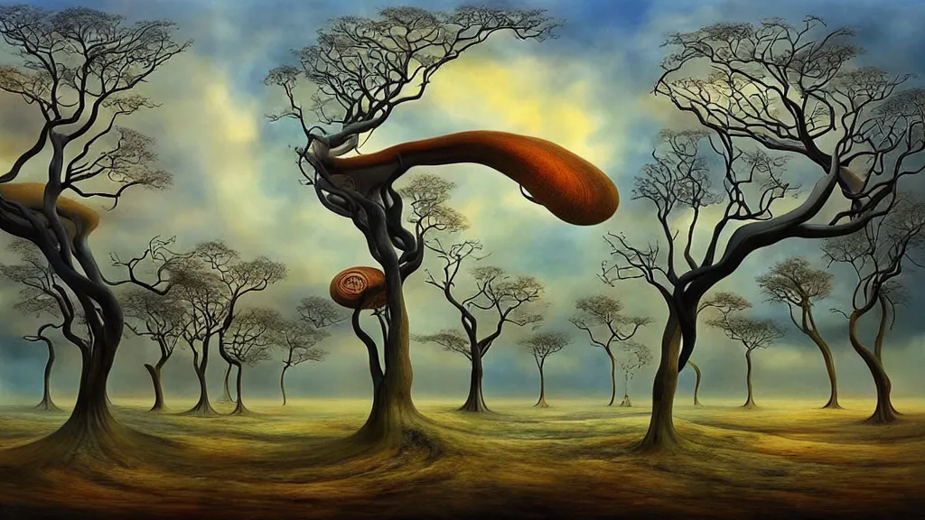 Image similar to surreal landscape, surrealism, whirling swirling trees, esao andrews, victor enrich, dali