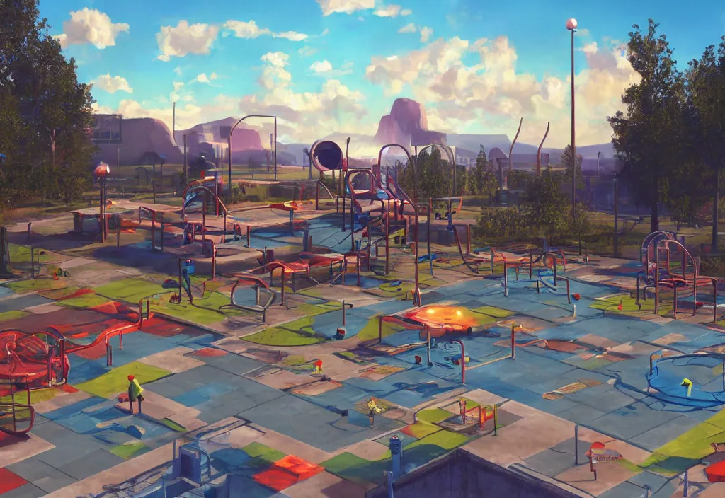 Prompt: a teenage retro playground in half life source engine render stunning and glowing radiant loving memorable landscape scene realistic oil and pastel painting by teddy ruth, kimberly asstyn, and josh grover.