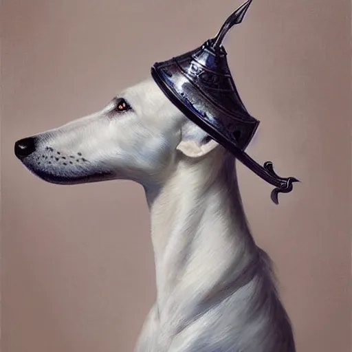 Image similar to A masterpiece portrait of a white greyhound holding a sword. Greyhound is wearing a knights helmet. Very detailed. intricate, elegant, highly detailed. trending on artstation, digital art, by Stanley Artgerm Lau, WLOP, Rossdraws, James Jean, Andrei Riabovitchev, Marc Simonetti, Yoshitaka Amano