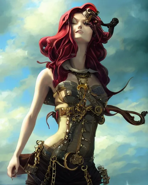 Image similar to a beautiful half body 2D illustration of a young female steampunk pirate wearing leather armor on gold and red trimmings on green, by Charlie Bowater, tom bagshaw, Artgerm and Lois Van Baarle, very cool pose, pirate ship with an epic sky background, slightly smiling, cinematic anime lighting and composition, fantasy painting, very detailed, ornate, trending on artstation and pinterest, deviantart, google images