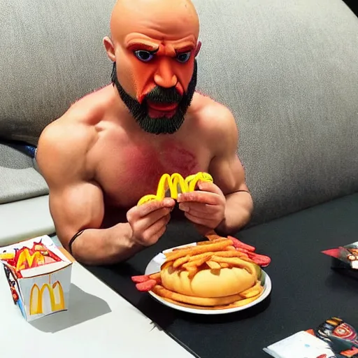 Prompt: kratos eating a happy meal from mcdonalds