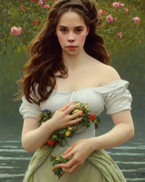 Prompt: a portrait painting of haley atwell / holly earl / sabrina lloyd hybrid oil painting, gentle expression, smiling, elegant clothing, scenic background, extremely detailed and lifelike, artgerm, greg rutkowski, alphonse mucha, vladimir volegov, adolphe bouguereaum, greg hildebrandt