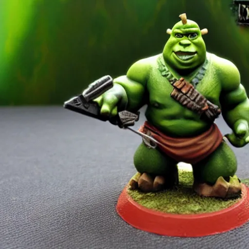 Prompt: Ork Shrek with long ears, painted warhammer 40k miniature