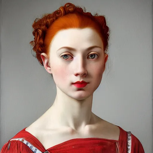 Image similar to a highly detailed portrait, red haired young woman, gorgeous dress with intricate details, long hair, green eyes, hint of freckles, round gentle face, cheeky smile with red lips, deep focus, smooth, sharp, golden ratio, elegant, digital painting by artemisia lomi gentileschi, caravaggio and artgerm