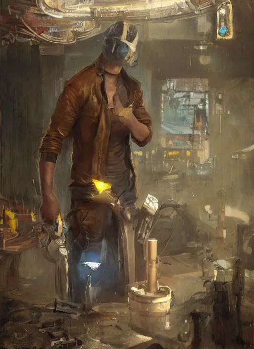 Image similar to Cyberpunk mechanic (blade runner 2049, cyberpunk 2077). Orientalist portrait by john william waterhouse and James Gurney and Theodore Ralli and Nasreddine Dinet, oil on canvas. Cinematic, hyper realism, realistic proportions, dramatic lighting, high detail 4k