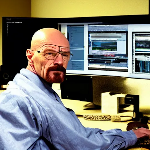 Prompt: walter white in real life rendering himself on a computer with blender software