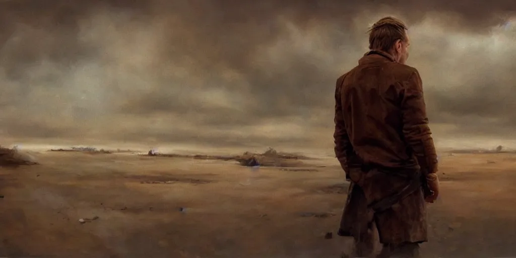 Image similar to we see ewan mcgregor from side. atmospheric feeling, warm colours, brown colours, yellow colours, epic scene, cinematic, very detailed, oil painting