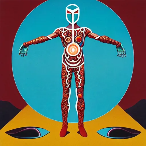 Prompt: vitruvian ultraman by james jean and shusei nagaoka, magritte painting