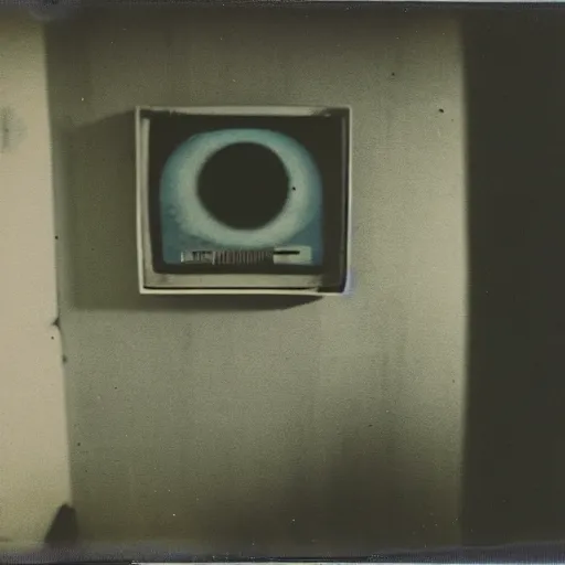 Image similar to small and dark concrete room with an old tv showing a pair of eyes, creepy, eerie, old polaroid, expired film,